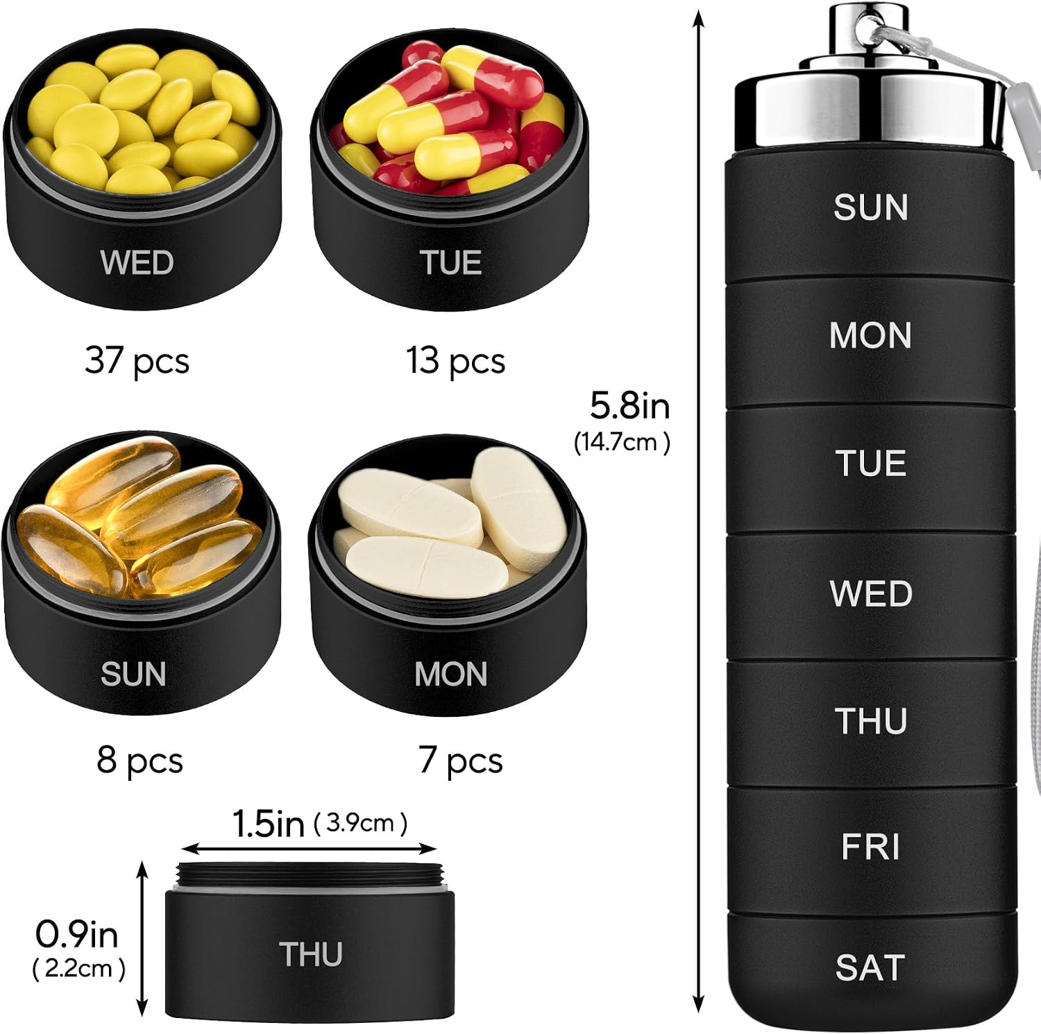 Mossime Metal Pill Organizer Weekly, Stackable Waterproof Travel Pill Box, Large Aluminum Alloy Pill Case Container, BPA Free 7 Day Daily Medicine Organizer for Vitamin, Fish Oil, Supplement