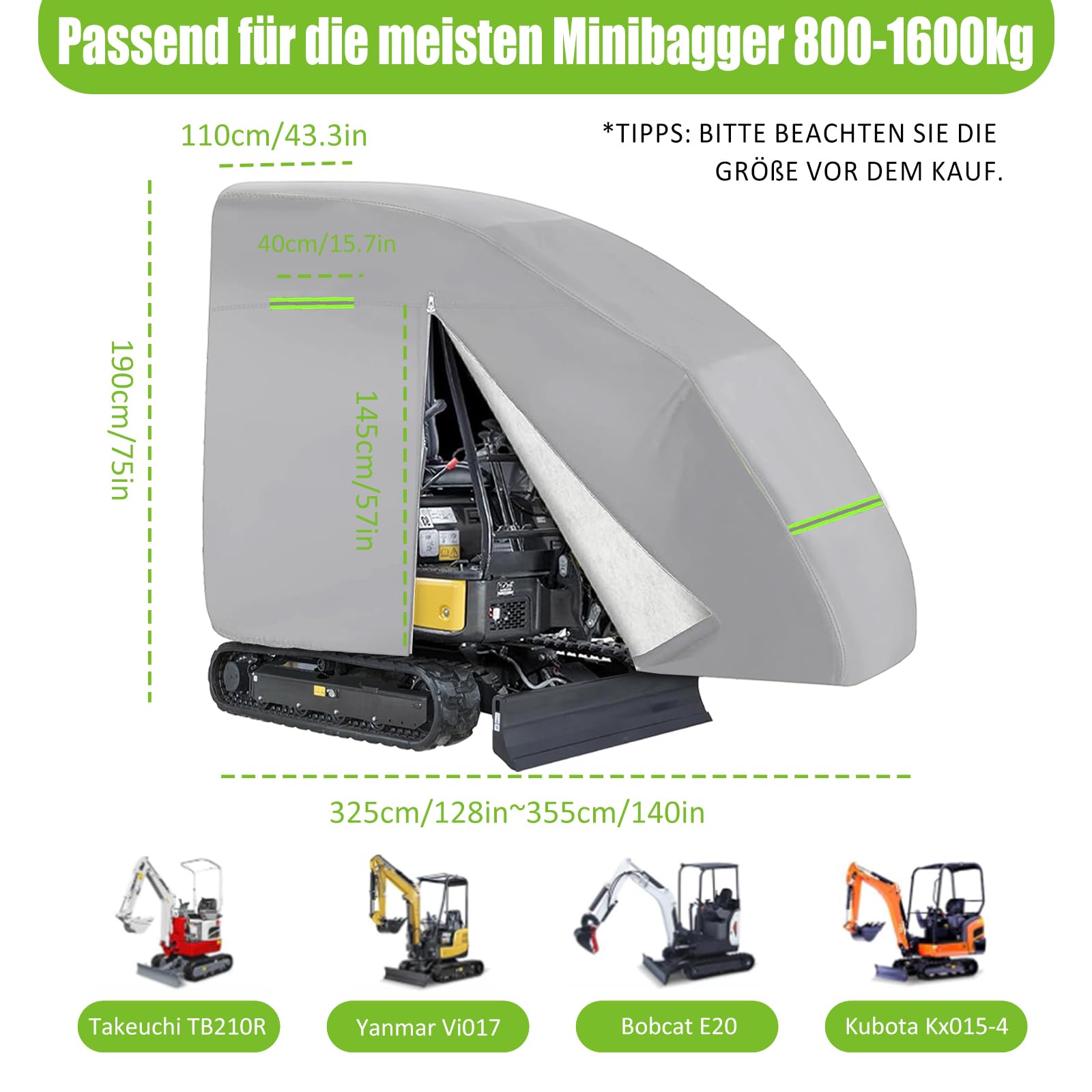 Telo di copertura per escavatore, copertura per escavatore, copertura 420D, per 800-1600 kg, impermeabile, traspirante, protezione contro vento e foglie, protezione UV (argento)