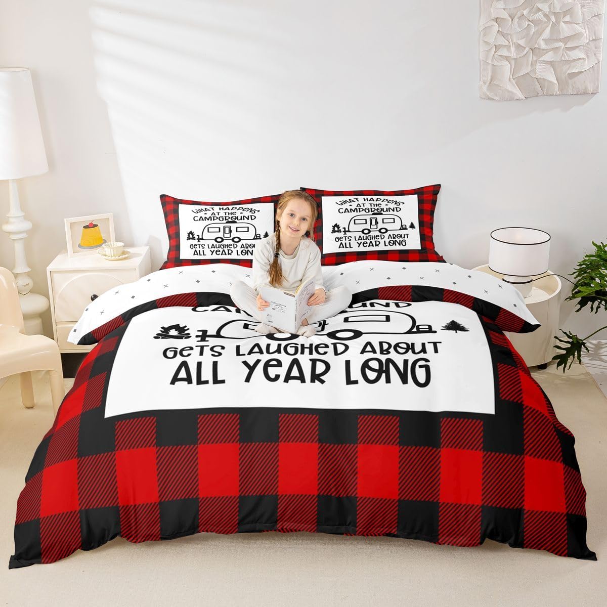 Erosebridal Rustic Camper Duvet Cover Queen, Happy Camping Bedding Set Farmhouse for Kids Boys Teens Room Decor, Wooden Board Comforter Cover Trailers Camper Gifts Quilt Cover,2 Pillow Cases, Brown