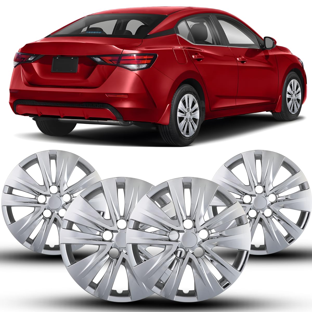 Winjet 16 Inch Premium Hubcaps Replacement for Nissan Sentra 2020-2025 Wheel Rim Covers, [Only Fit Iron Hub &amp; Steel Wheel] Snap On Installation (16 Inch Pack of 4, Chrome)
