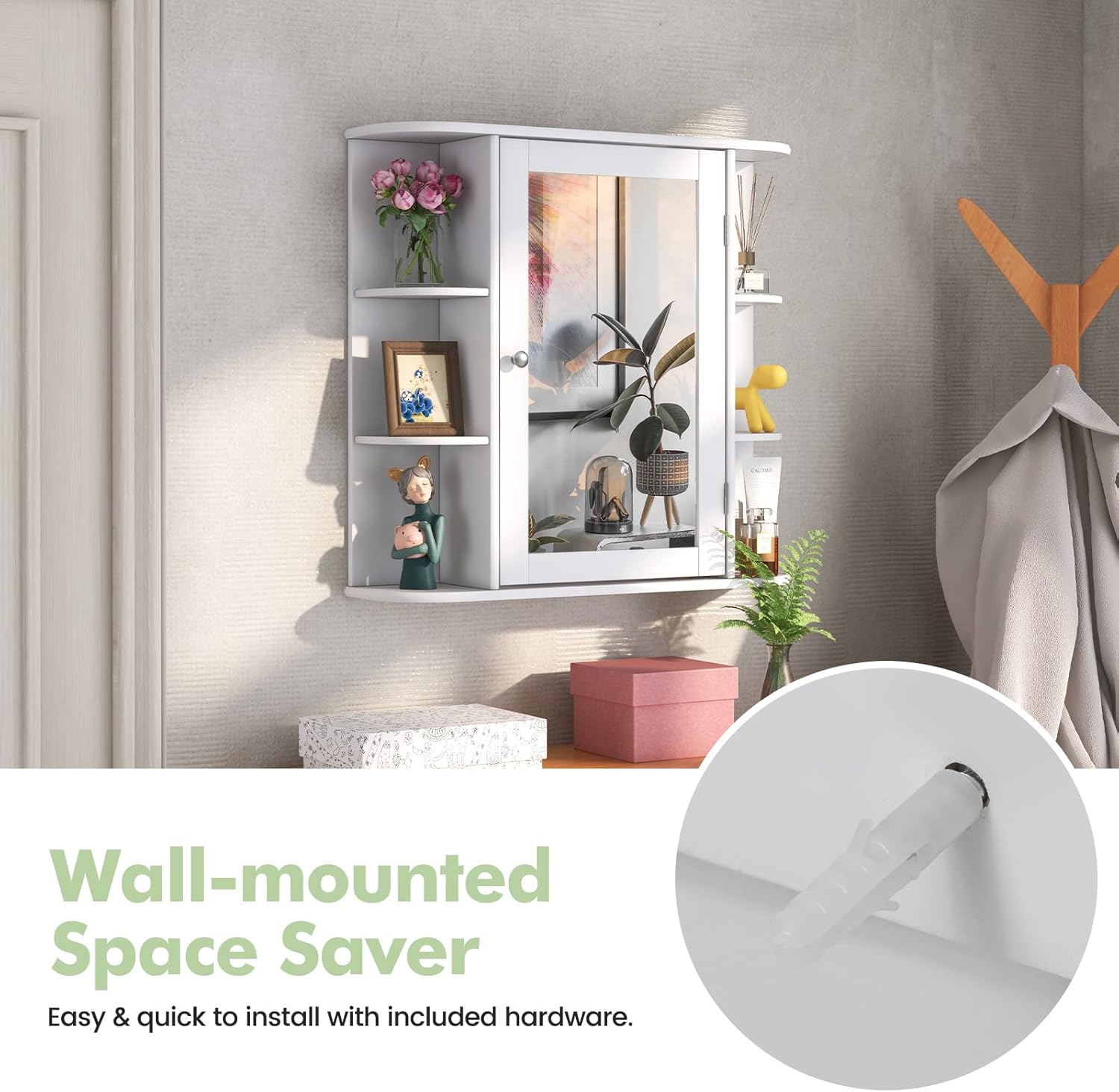 Bathroom Mirror Cabinet, Medicine Cabinet with Door and Adjustable Shelves, Over The Toilet Vanity Organizer Space Saver, Wall Cabinet for Entryway, Living Room, Pantry