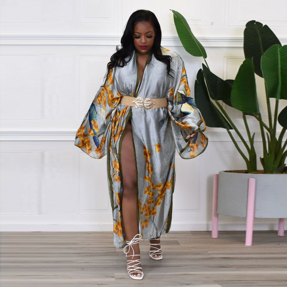 Casual Boho Kimonos for Women Open Front Floral Long Satin Kimono