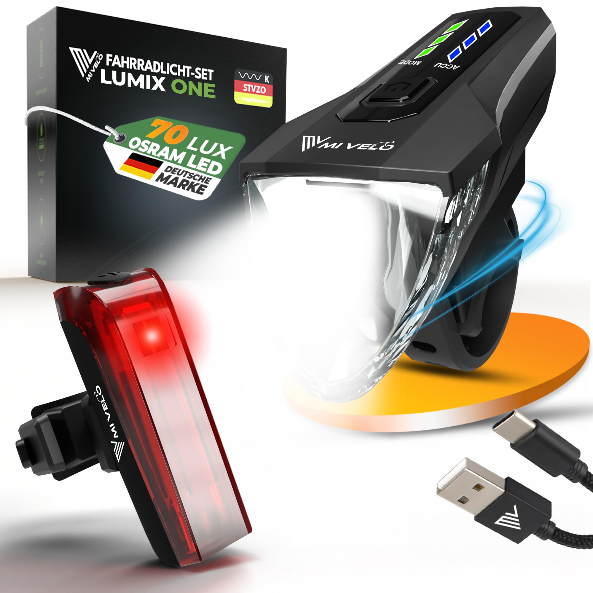 MIVELO Kit d'éclairage de vélo homologué StVZO - Rechargeable par USB et 100 % étanche - Éclairage LED avant et arrière - Lampe de vélo