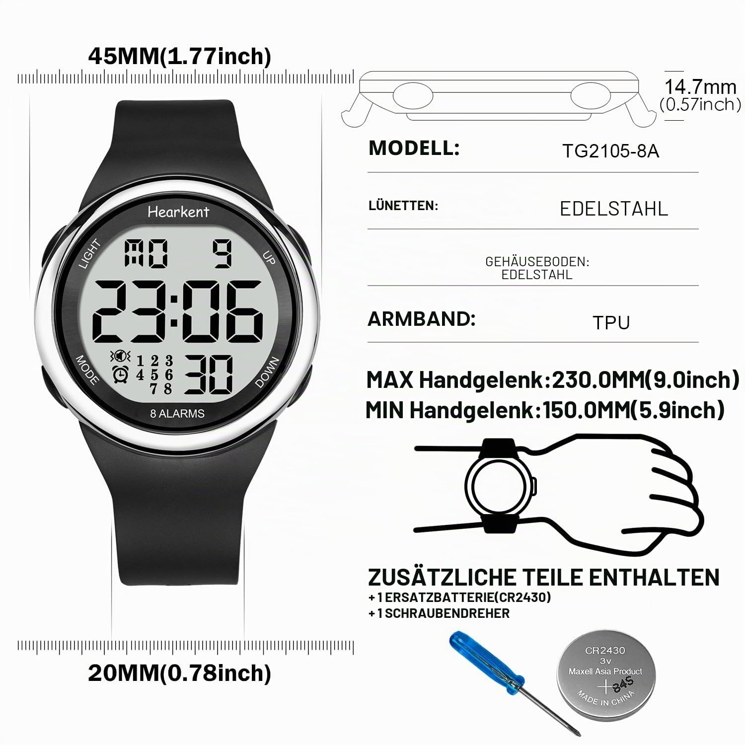 Hearkent Wasserdichte Uhr mit 8 Vibrationsalarmen, Medizin, Pillen-Erinnerung, Uhr für ältere Menschen, Senioren, LCD-Anzeige, große Zahlen mit Hintergrundbeleuchtung