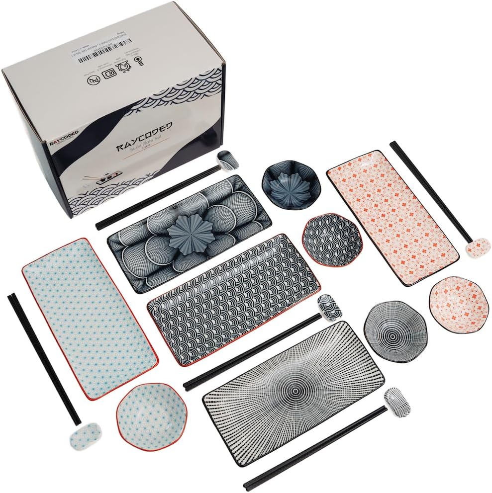 25pc Sushi Set - Rectangle Plates, Appetizer & Sushi Plates, Serving Trays for Entertaining