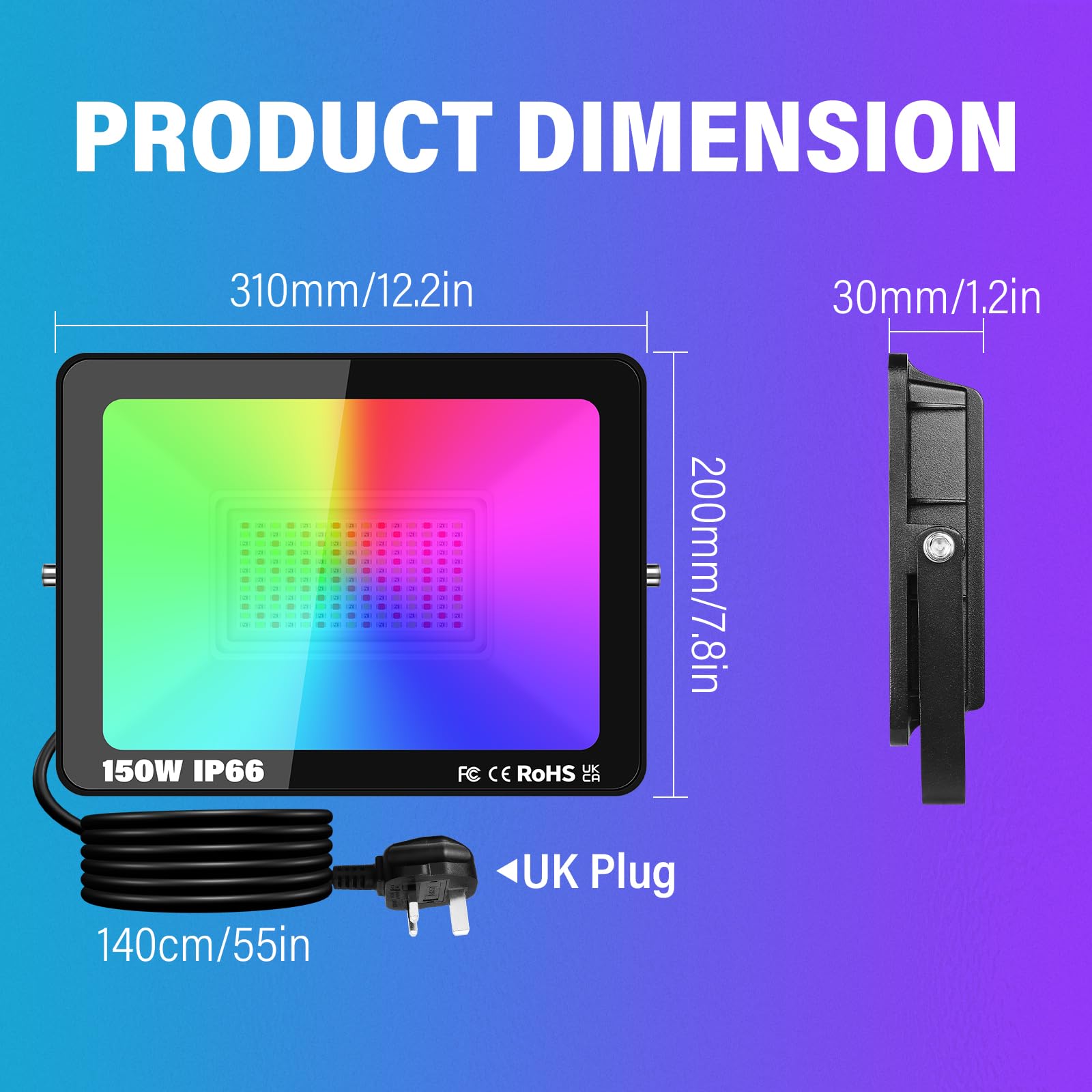 SKYWORLD 150W Smart LED RGB Spotlight, Remote Control & Bluetooth App Color-Changing Flood Light for Backyard Garden, Garage (1-Pack) - Image 3