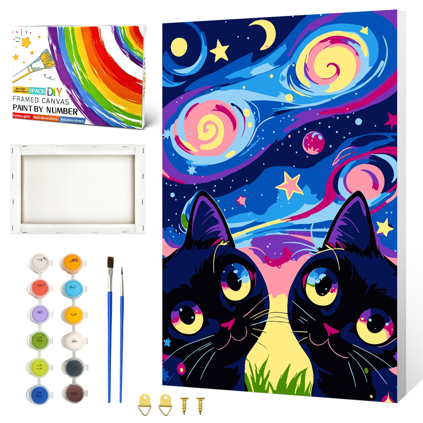 ZTOTZ Framed Paint by Numbers with Black Cats,Cute Animals Canvas 8x12in