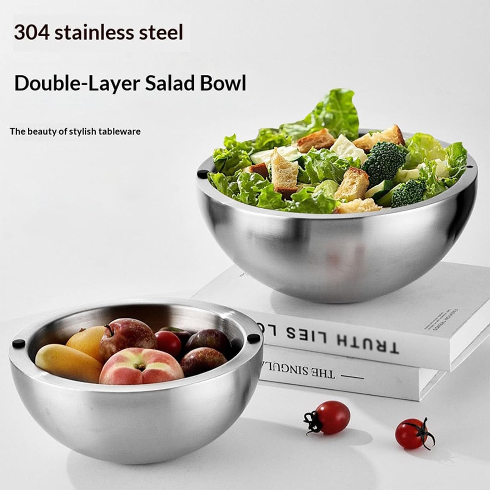Genérico Ensaladera y Recipiente para Salsas de Acero Inoxidable 304 con Aislamiento de Doble Pared, para Servir Alimentos Calientes Y FríOs con Dos Orificios de Agua Para Salsas FríAs(2pcs)