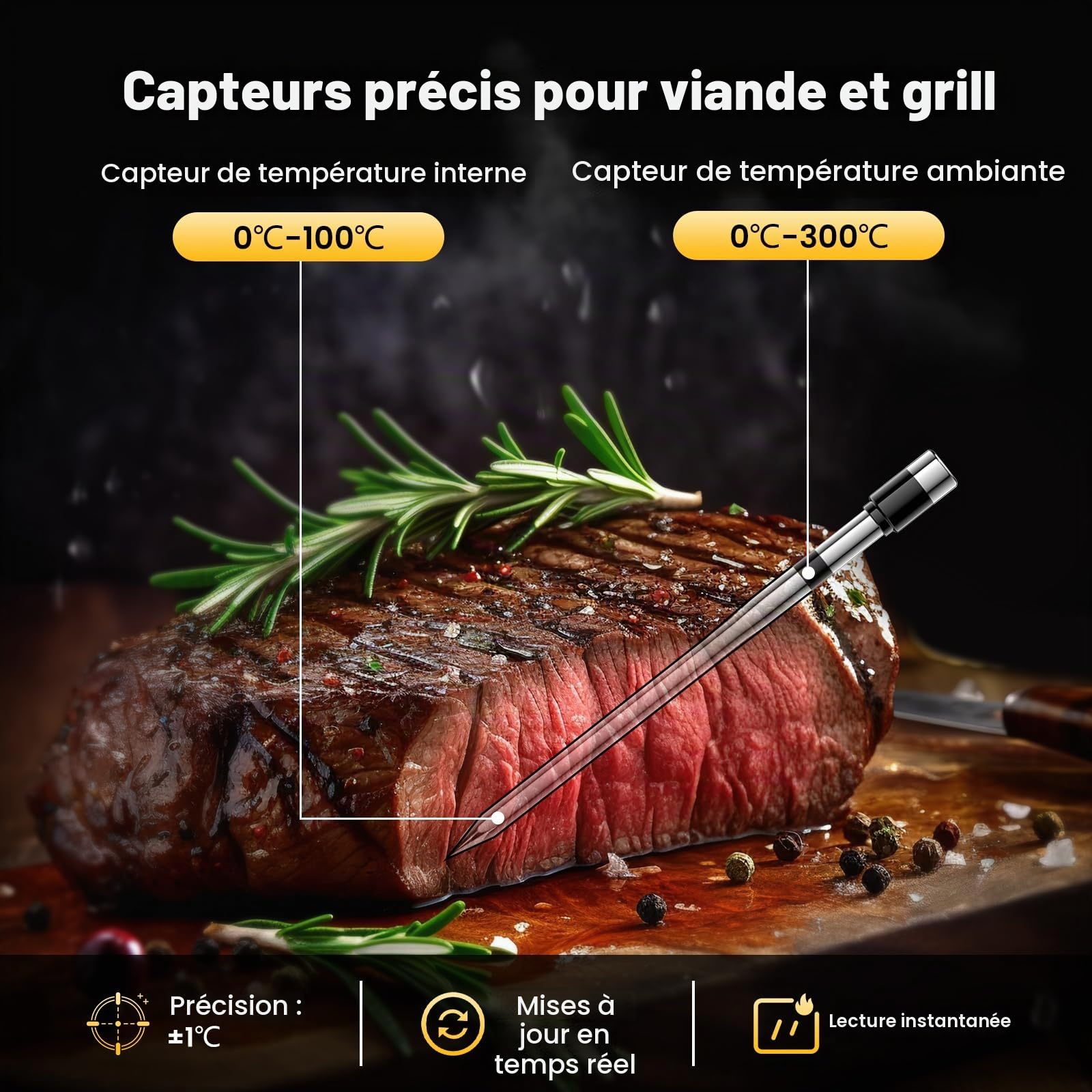 Thermometre Cuisine sans Fil, Sonde Temperature Cuisine Barbecue, Thermometre Connecté Bluetooth 240m et App, Étanche et Rechargeable, Minuterie et Alarme, Thermomètre Viande pour Four, Grill, Cadeau