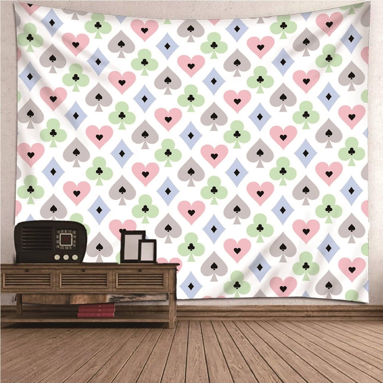 Tappeto Parete Camera da Letto, 350 x 256 cm Modello di Carte da Gioco Coperta per Camera da Letto Soggiorno Dormitorio Decorazione da Parete, Rosa Verde Grigio
