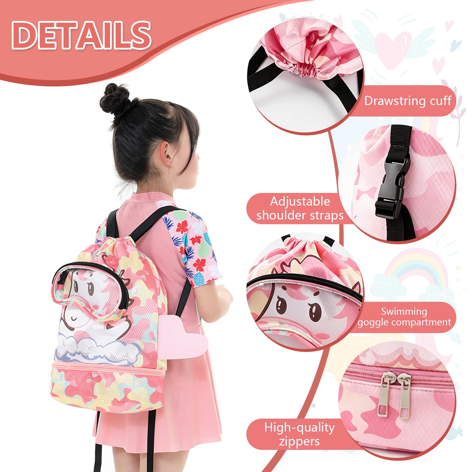 Zaino da Nuoto Bambini, Borsa Coulisse Bambini, Borsa Impermeabile Piscina Bambino con Portascarpe, Grande Capacità Sacca Sportiva Palestr con Cerniera per Nuoto, Palestra, Spiaggia, Unicorno