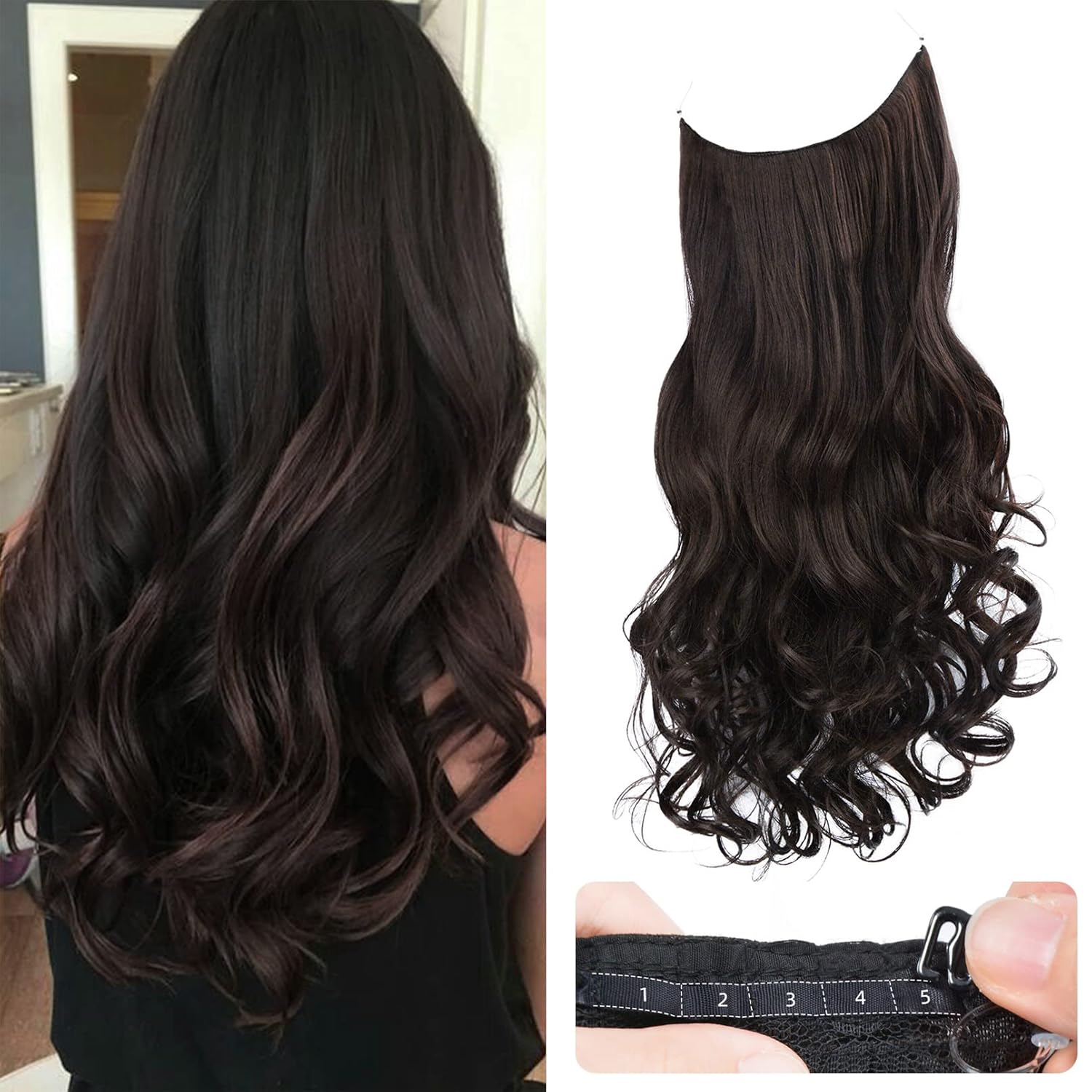 REECHO Invisible Wire Hair Extensions with Transparent Headband Adjustable Size Removable Secure Clips in Curly Wavy Secret Hairpiece for Women 20 Inch – Darkest Brown with Reddish Tone REECHO Invisible Wire Hair Extensions with Transparent Headband Adjustable Size Removable Secure Clips in Curly Wavy Secret Hairpiece for Women 20 Inch – Darkest Brown with Reddish Tone