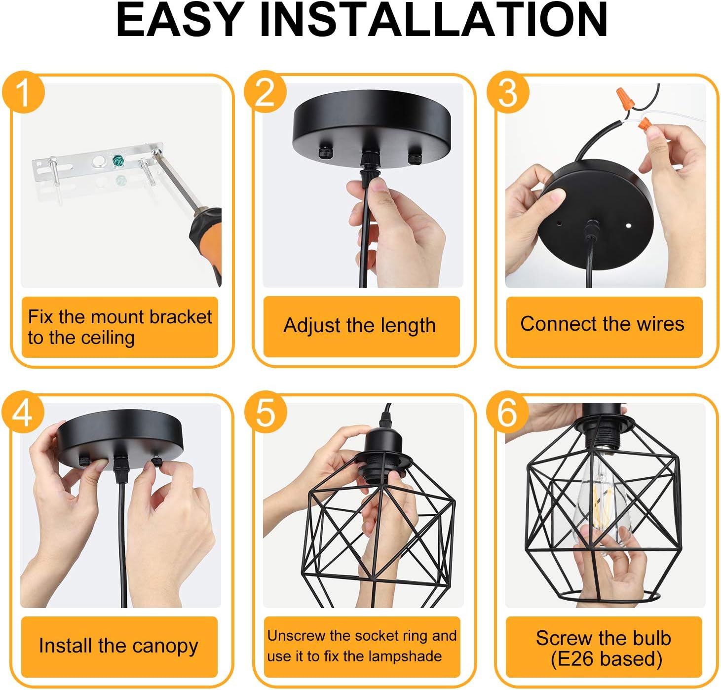 Pendant Lighting, Industrial Light Fixture, Retro Vintage Farmhouse Pendant Lights , Black Metal Cage Hanging Lights, Ceiling Lamp for Kitchen Island, Living Room, Dining Room, Loft, E26 Base, 2-Pack : Everything Else