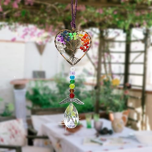 Miniatura 5 de Decoración de cristal curativo, árbol de la vida, accesorios para colgar en el automóvil, atrapasoles con alas, 7 chakras para colgar en la pared,
