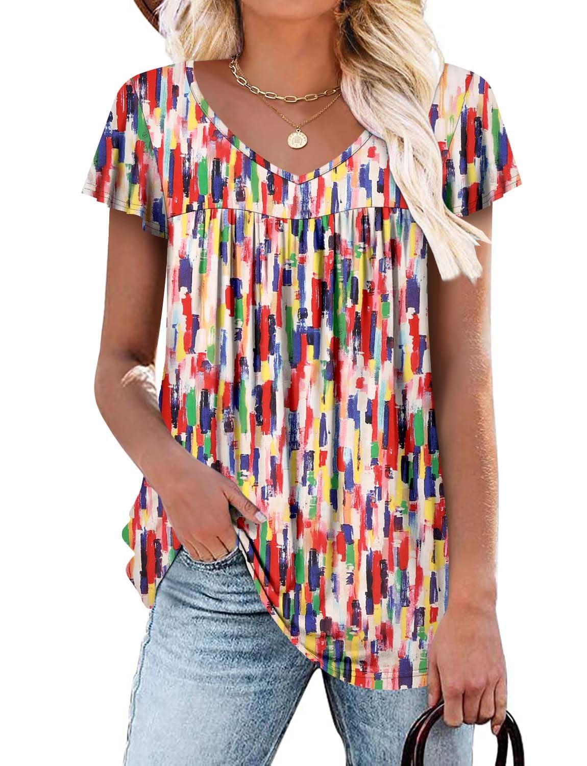 ROSELINLIN Womens Ruffle Sleeve Tunic Tops V Neck Loose Fit Short Sleeve Summer Shirts