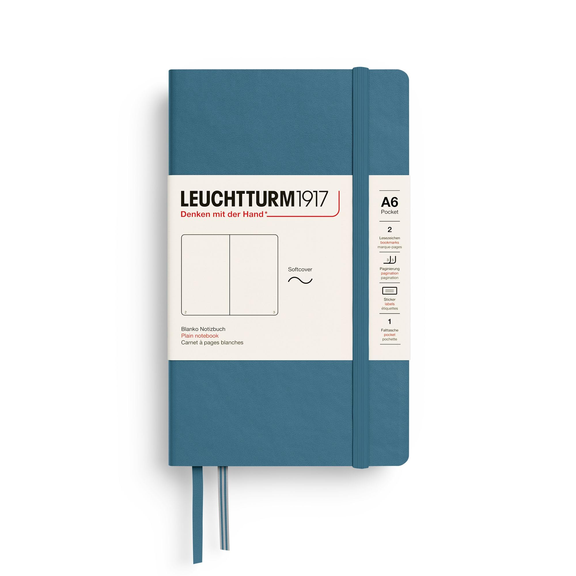 LEUCHTTURM1917 - Notebook Softcover Pocket A6-123 Numbered Pages for Writing and Journaling (Plain, Stone Blue)