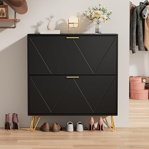 JOZZBY Gabinete de zapatos negro para entrada, armario estrecho de almacenamiento de zapatos con 2 cajones abatibles, zapatero oculto para pasillo,