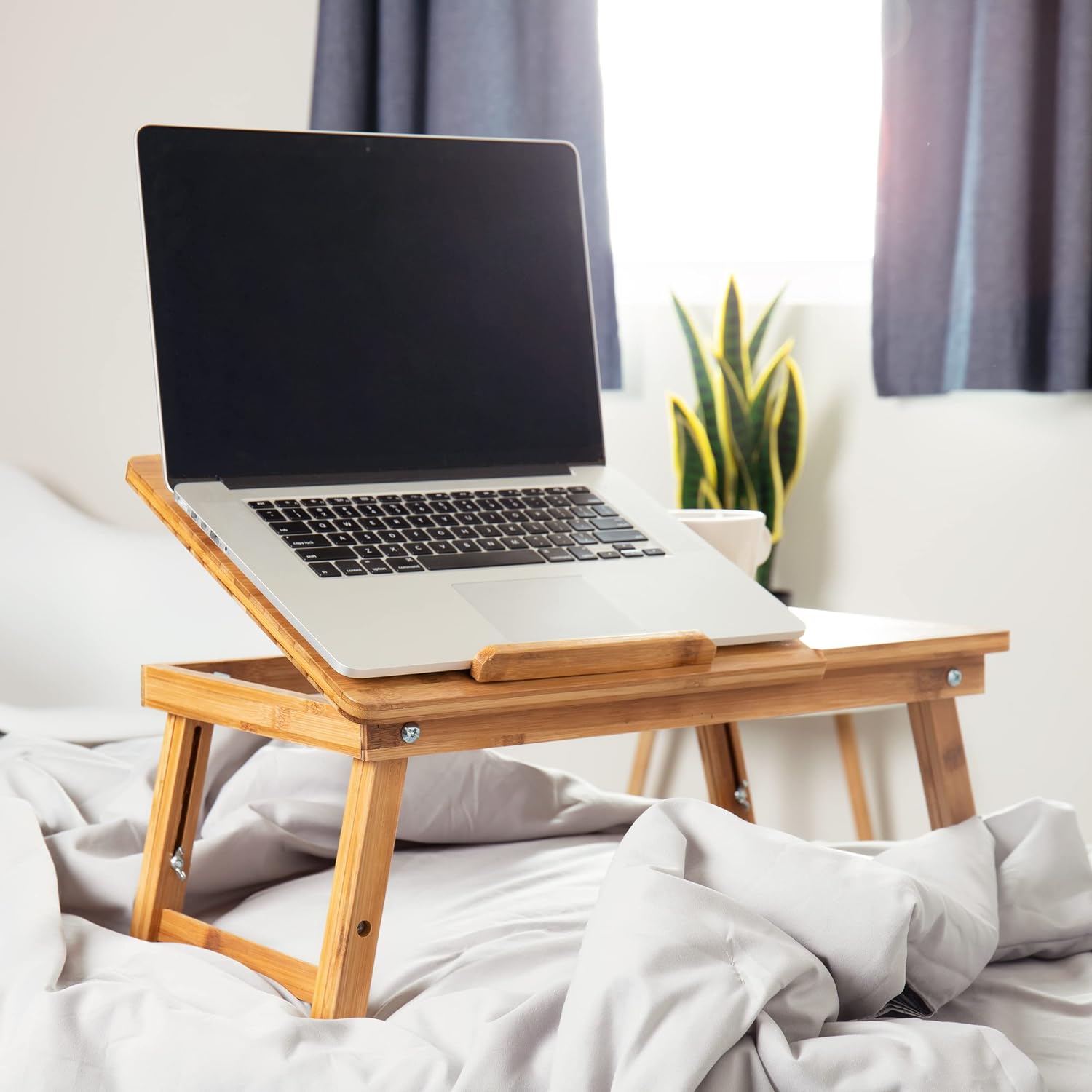 Mind Reader Laptop Lap Desk Flip Top with Drawer, Foldable Legs, Breakfast Tray, Bamboo Brown