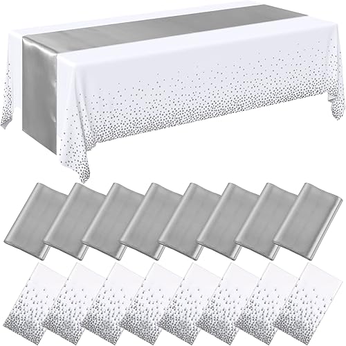 Miniatura 15 de Tudomro Juego de 16 piezas de manteles de plástico desechables blancos y oro rosa y caminos de mesa de satén, manteles de 54x108 pulgadas, caminos