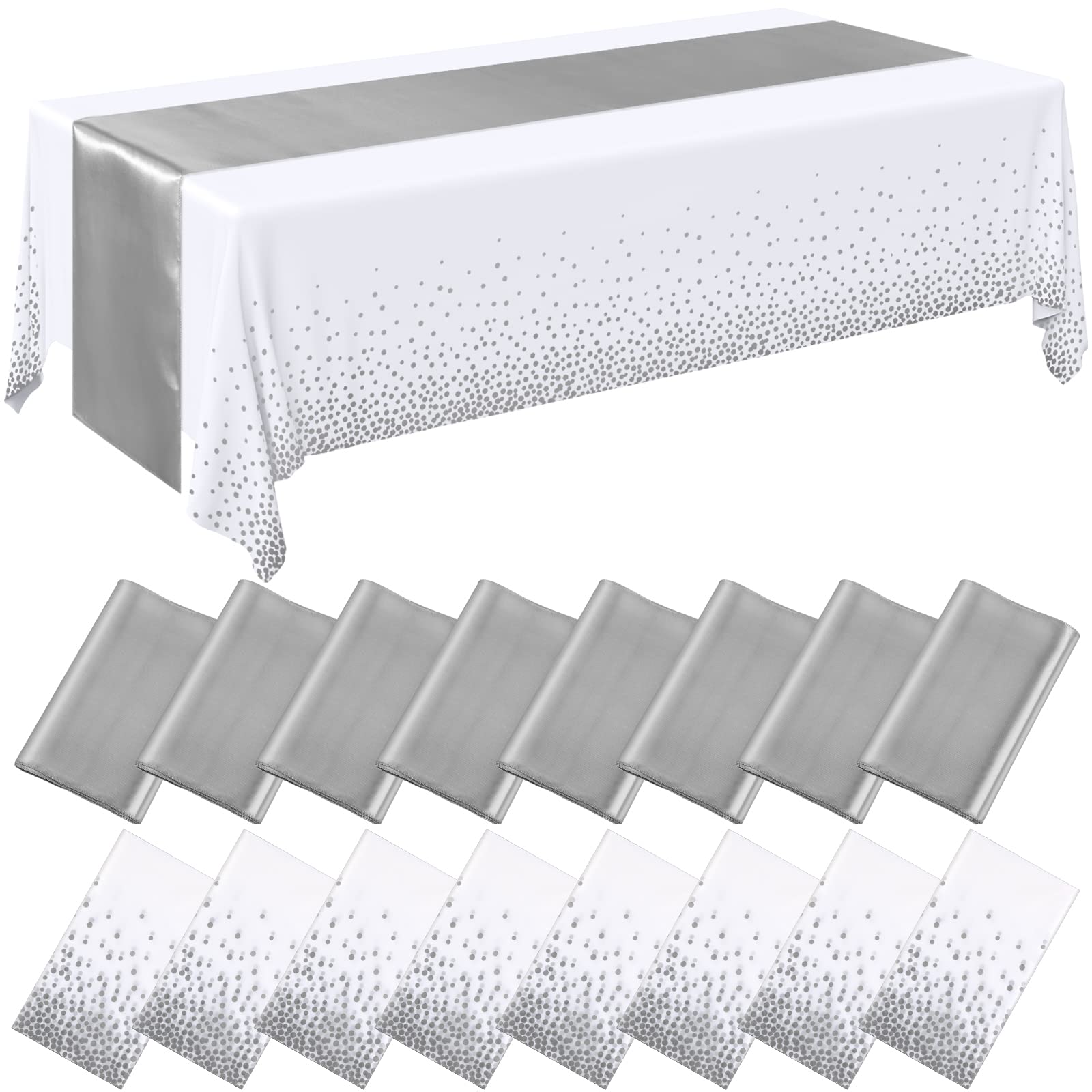 Tudomro 16 manteles desechables de plástico rectangular de 54 x 108 pulgadas con camino de mesa de satén de 12 x 108 pulgadas para decoración de bodas, fiestas de cumpleaños (plateado y blanco)