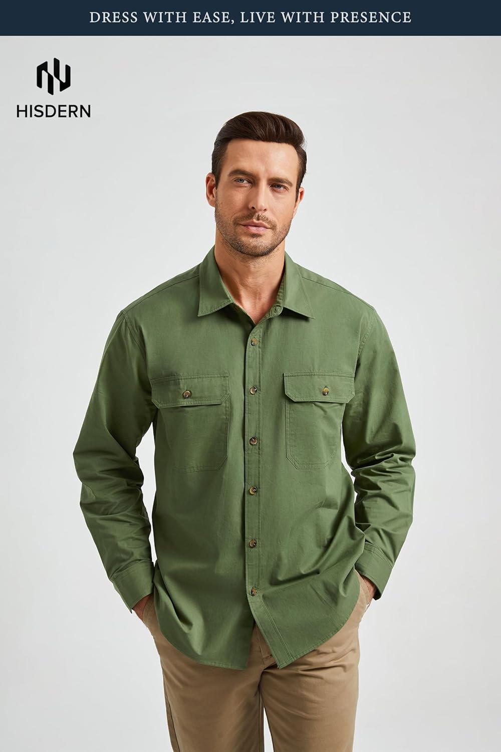 HISDERN 335 Men Long Sleeve Work Shirts with Two Pockets Cotton Button Down Up Shirt Casual Relaxed Fit Workshirt Man - Image 2