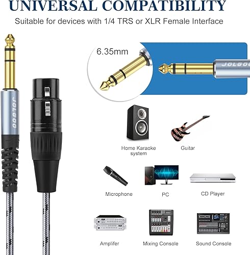 Miniatura 2 de XLR hembra a 14 de pulgada 0.250 in TRS cable de interconexión equilibrado, cable XLR a cuarto de pulgada, 6.6 pies, paquete de 2 para micrófono,