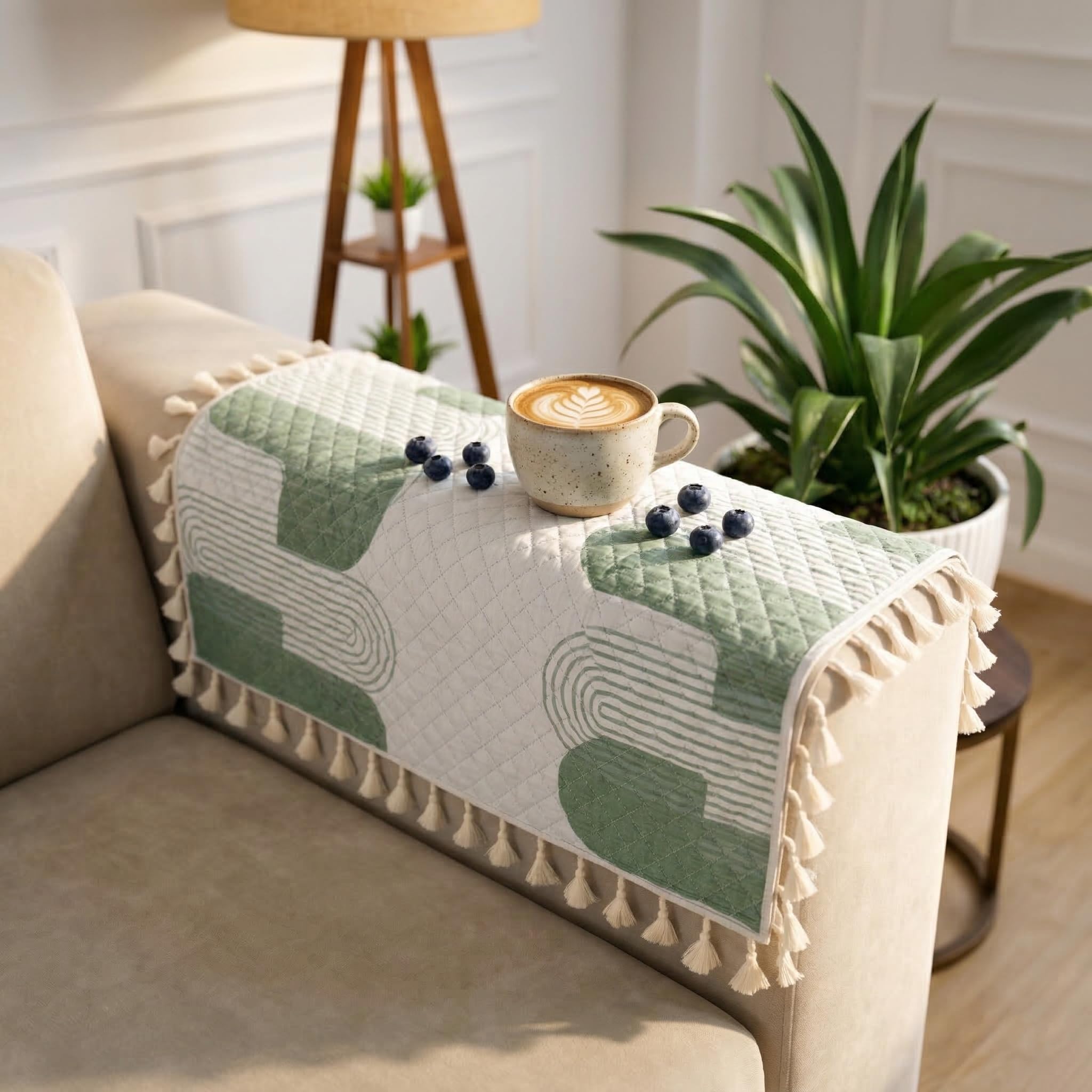 STITCHNEST Printed Quilted Sofa Arm Cover with Tassels | Stylish Hand Rest Protector | Soft & Durable | 18 x 22 Inches