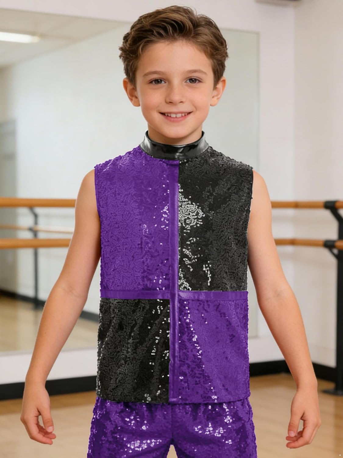 Shinsto Boys Shiny Sequins Jazz Dance Tops Mock Neck Sleeveless Back Invisible Zipper Color Block Top