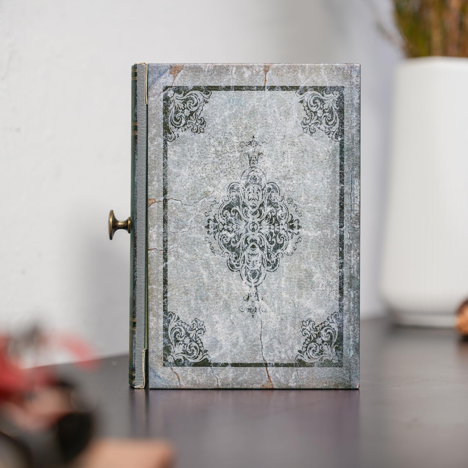Vintage Book Storage Box with Drawer, Distressed Gray Faux Leather Cover with Ornate Baroque Design, Hidden Organizer for Jewelry or Office Bookshelf Decor 9.5″ x 6.7″ x 2″