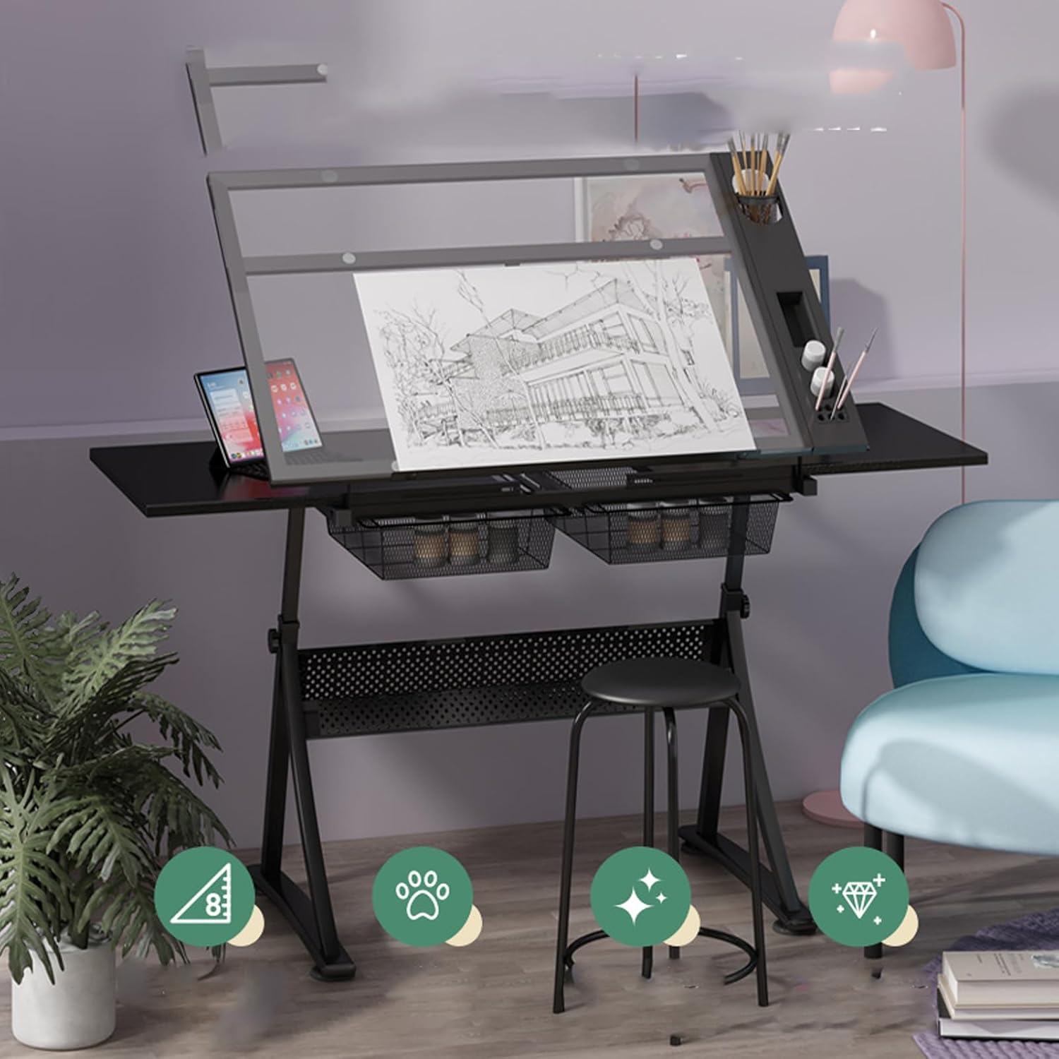 Drafting Desk, Adjustable Drafting Table, Tempered Glass Drafting Table Art Desk, Adjustable Height Tilting Artwork Drawing Drafting Table Desk