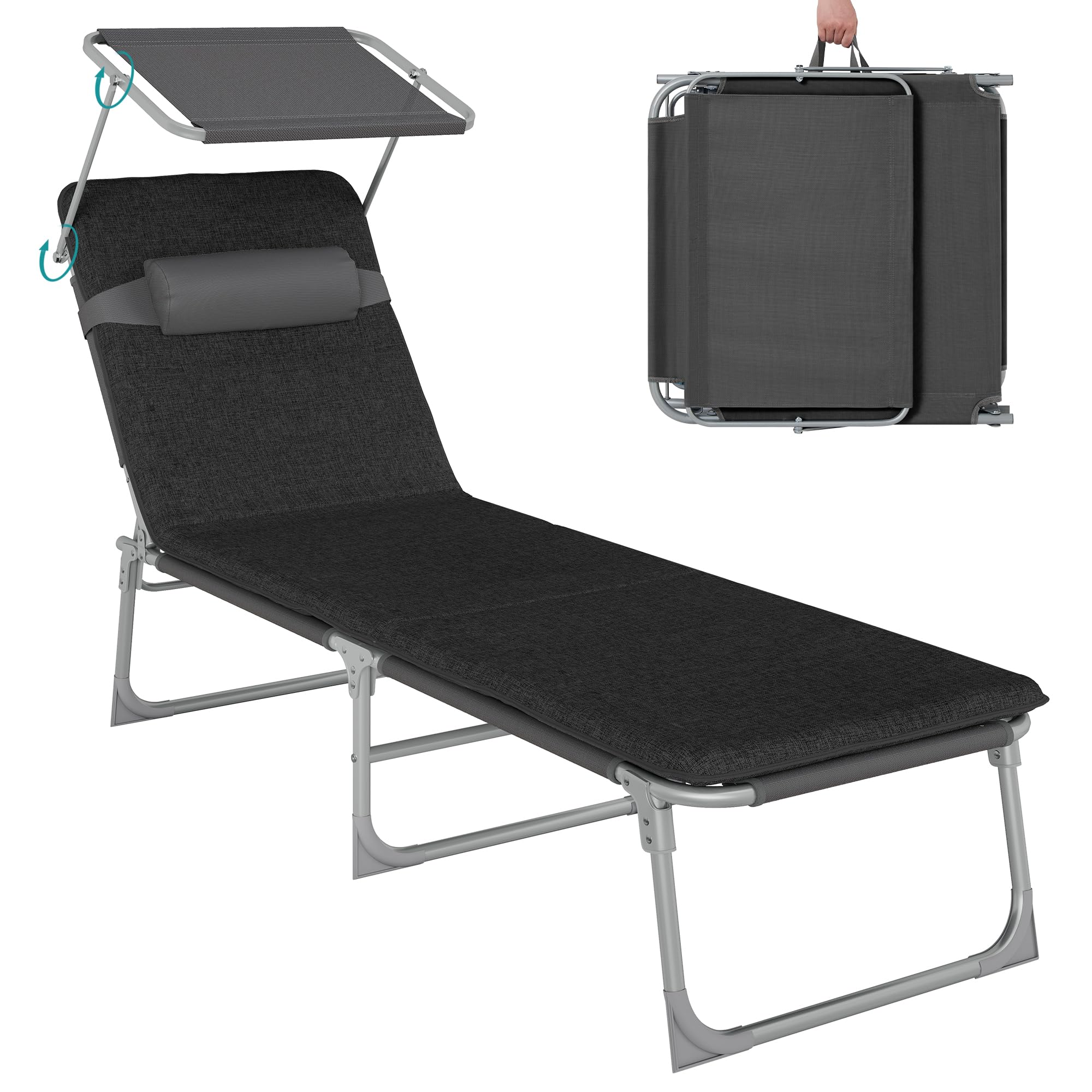 SONGMICS Sonnenliege, klappbarer Liegestuhl, 193 x 53 x 29 cm, trägt bis zu 150 kg, Kissen, Sonnenschutz, Kopfkissen, verstellbare Rückenlehne, für Garten, Pool, Terrasse, grau-schwarz GCB193B01