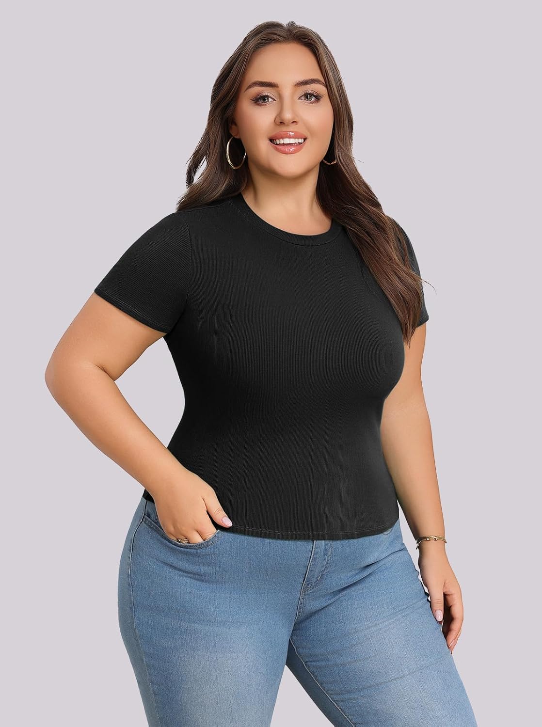 Lastshe Womens Plus Size Basic T Shirts Summer Tops Casual Short Sleeve Slim Fit Ribbed Knit Tee Cute Gym Workout Clothes - Image 5
