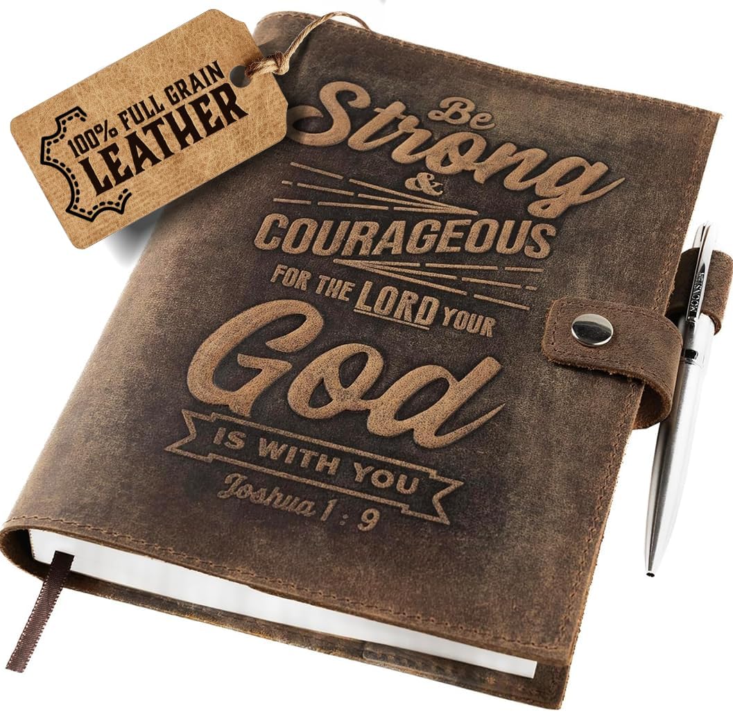 moonster Refillable Leather Journal Joshua 1:9 Bible Verse Embossed Journals with Pen – Milled A5 Leather Journal Lined Paper - Line Notebooks for Men – Leather Notebook with Pen Holder - 320 Pages