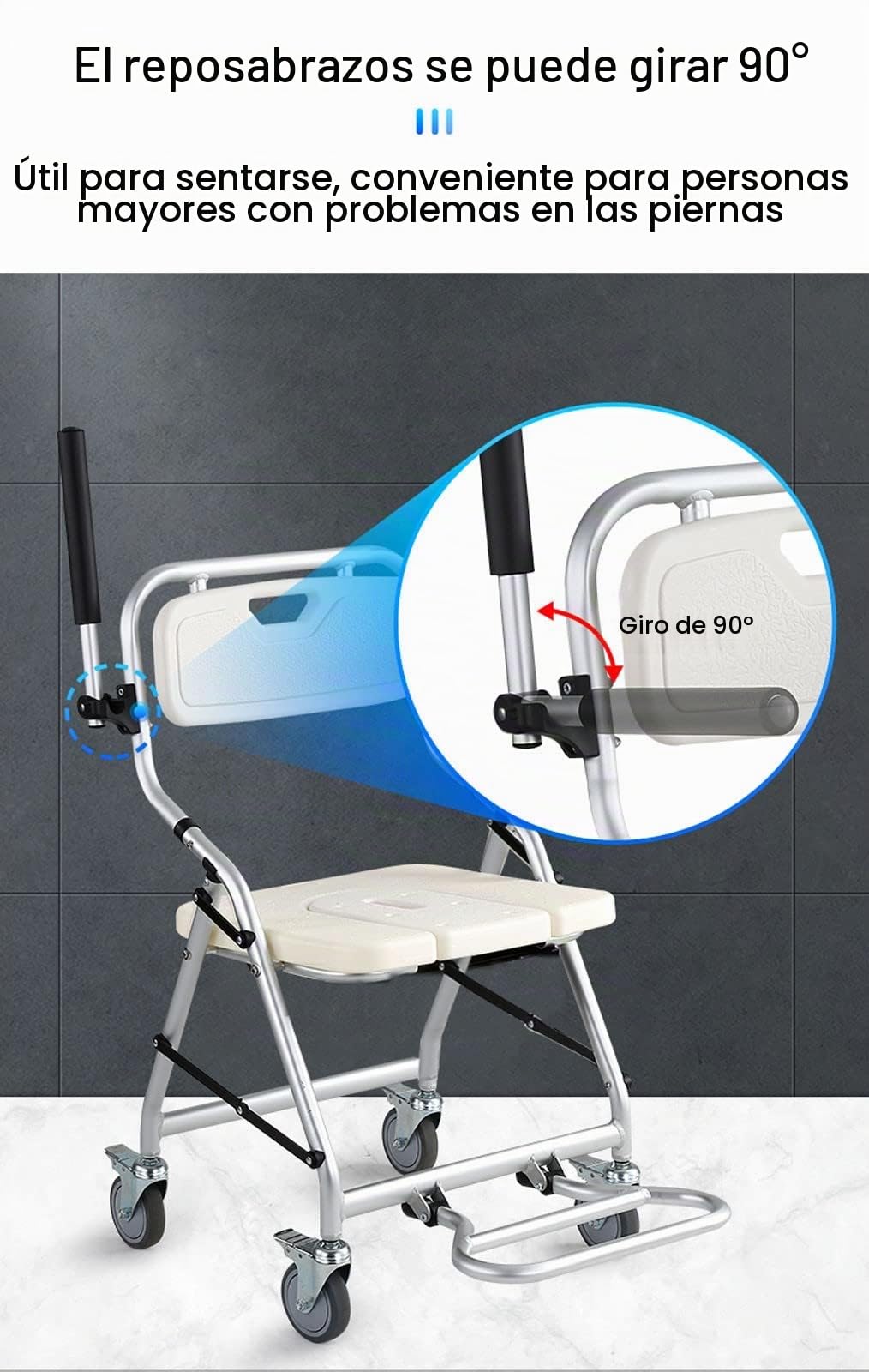 Silla para Ducha con Ruedas Plegable, Taburete de Ducha con Respaldo Extraíble y Apertura en Forma de U, Sillas de Ruedas para Tomar Una Ducha, Ideal para Ancianos, Mujeres Embarazadas