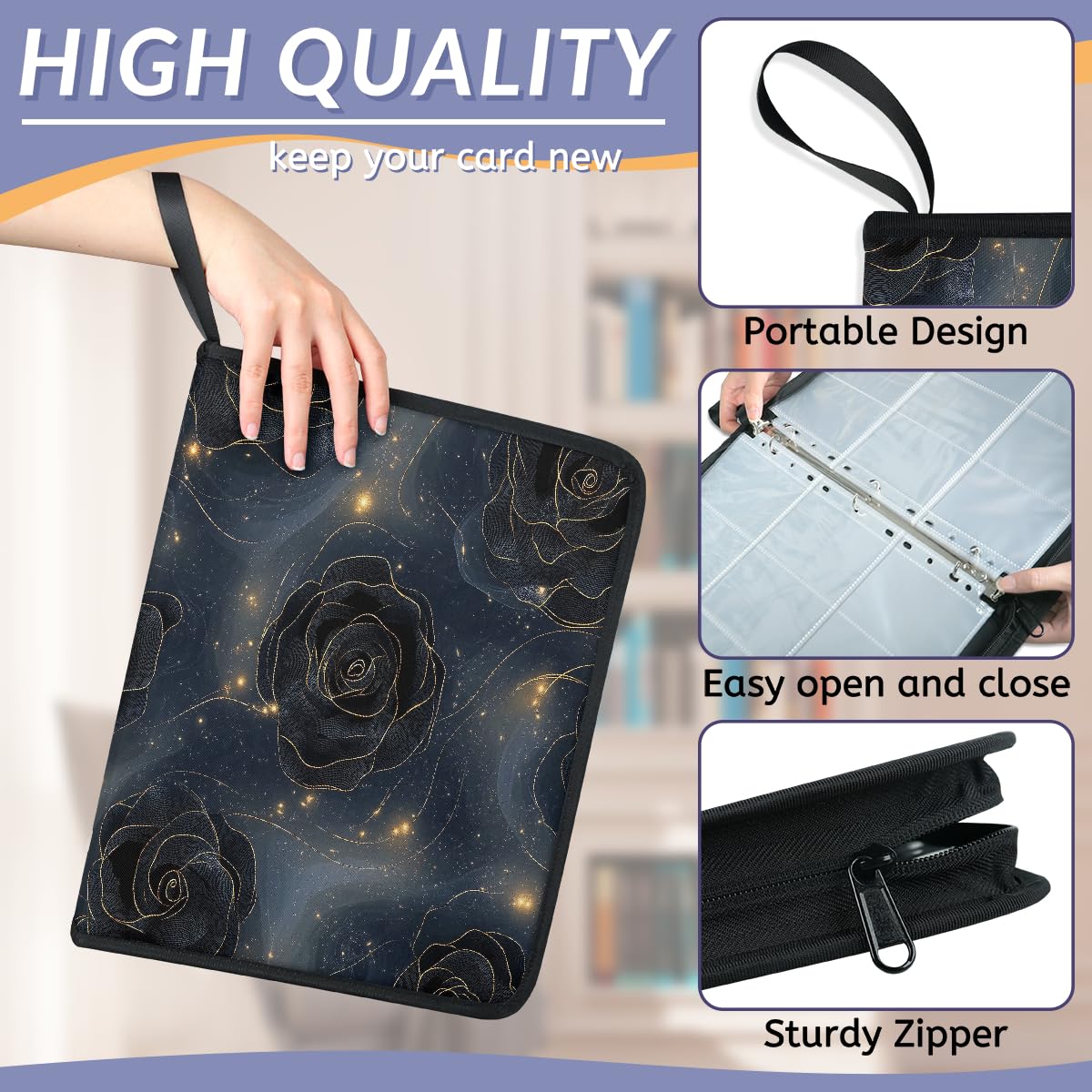 Raccoglitore per carte con 9 tasche, 900 tasche, con chiusura a cerniera (linea nera rosa artistica)