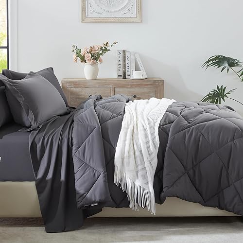 Miniatura 4 de Zzlpp Juego de edredón de cama tamaño King en una bolsa de 7 piezas, color gris oscuro con edredón y sábanas, juegos de ropa de cama para todas las