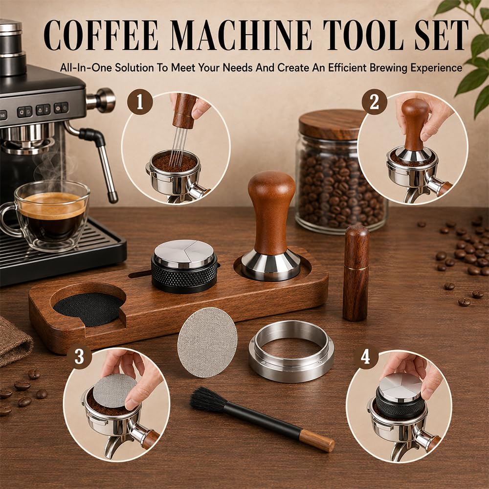 Kit Barista 51mm, HOVCEH Kit Cafe, Kit Barista Café 7 Piezas Incluye Prensador, Herramienta WDT, Distribuidor, Embudo de Dosificación, Rejilla para Discos, Estación de Prensado y Cepillo de Limpieza