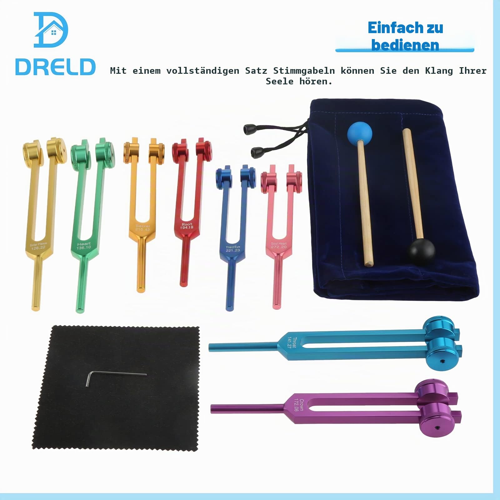 DRELD Chakra Stimmgabel Set. 7 Chakra und 1 Seelenzweck gewichtete Stimmgabel Solfeggio Stimmgabel set mit 2×Silikonhammer. 1×Tasche. 1×Reinigungstuch für Heilung Klangtherapie Vibration (Bunt. 8 STK)