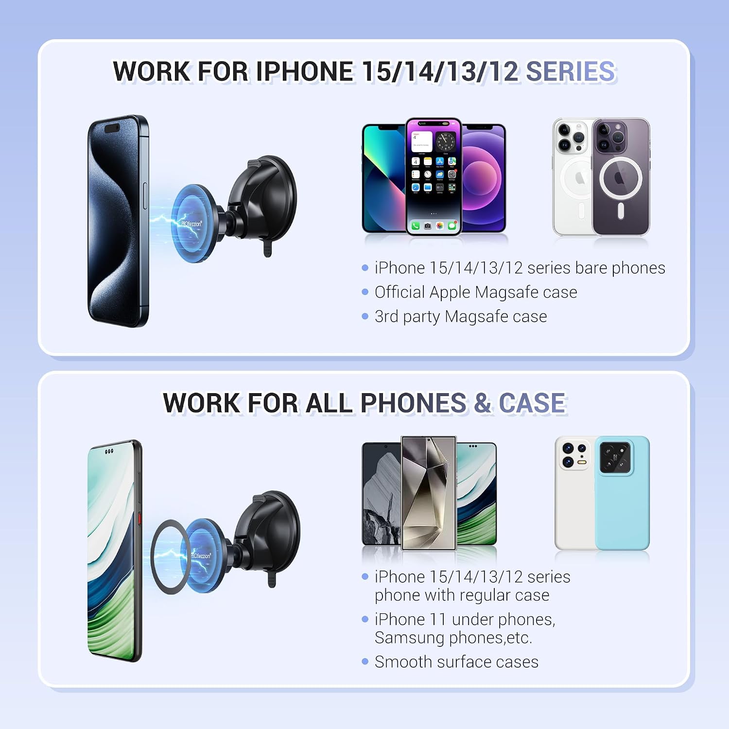 PROfezzion Magnetic Shower Mirror Phone Holder Reusable Suction Cup Phone Mount Compatible with iPhone 17 16 15 14 13 12 & All Phones, Rotating Stand for Glass Window Bathroom Kitchen, White