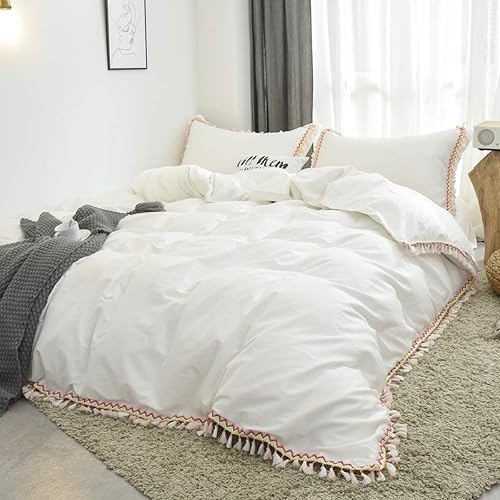Juego de cama gris bohemio, tamaño individual XL, 3 piezas, con borlas, funda de edredón bohemia con pompón, 100% algodón lavado con cierre de
