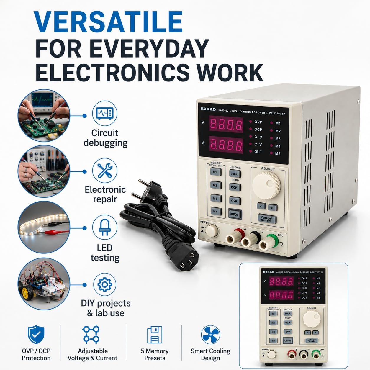 Alimentation de Laboratoire ka3005d 0-30V / 0-5A convertisseur de Tension | Contrôlable Alimentation Stabilisé e DC Réglable et Programmable avec Affichage LED à 4 Chiffres de Haute Précision