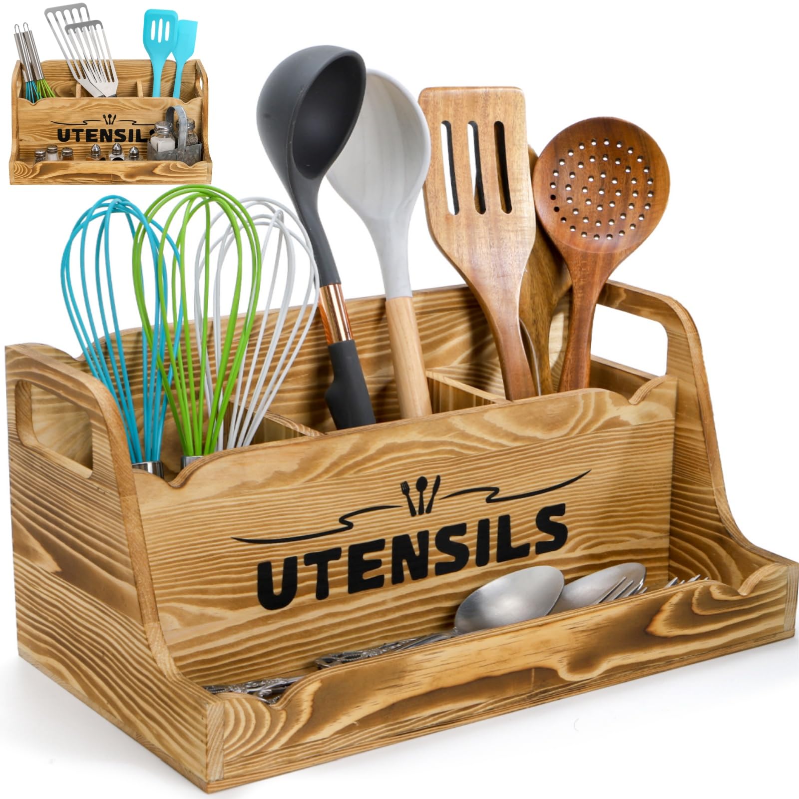 Noamus 15" Wooden Utensil Holder With Spice Rack - 4 Compartment Countertop Organizer With Handles - View #10