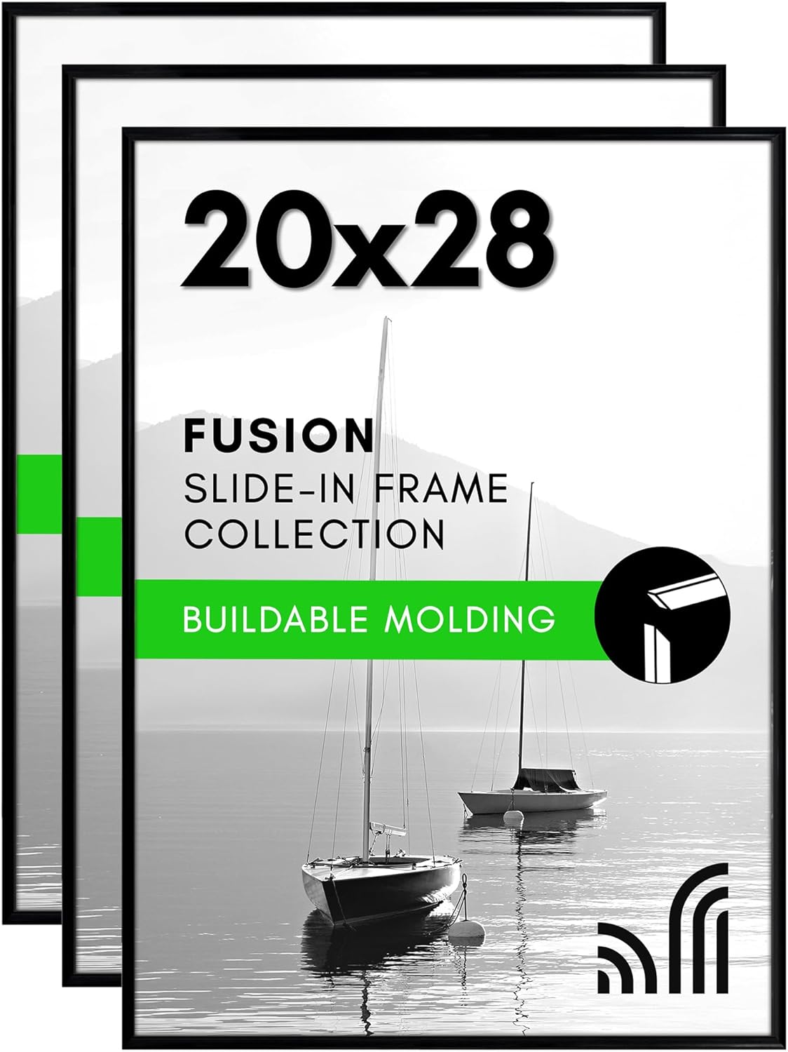 ( incomplete 2 frame only ) Americanflat 20x28 Picture Frame with Polished Front Cover - Set of 3 - Slide-In Photo Frame with Buildable Molding - Fusion Collection - Picture Frame for Wall Display - Black