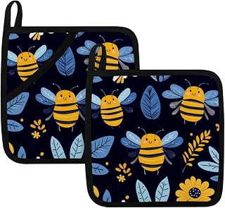 Set of 2 Colorful Cute bee (3) Pot Holders Kitchen Decorative Heat Resistant Potholder Hot Pads for Cooking Baking Microwave Oven End Dishes BBQ Holiday Decors