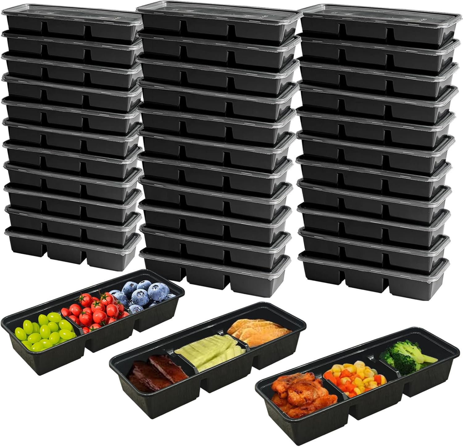 Disposable Food Storage Containers with Lids Meal Prep 3-Compartment To Go Take Out Plastic Black, Sturdy Leakproof Food Safe, Microwave Freezer Dishwasher Safe (25, 3 compartment)