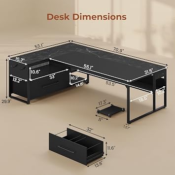 UPOSOJA 71 Executive Desk, Large Office Desk with Widen File Drawers & Power Outlets, Reversible L Shaped Computer Desk Corner Desk with Storage Shelves, CPU Stand, Hooks, Business Furniture (Black)