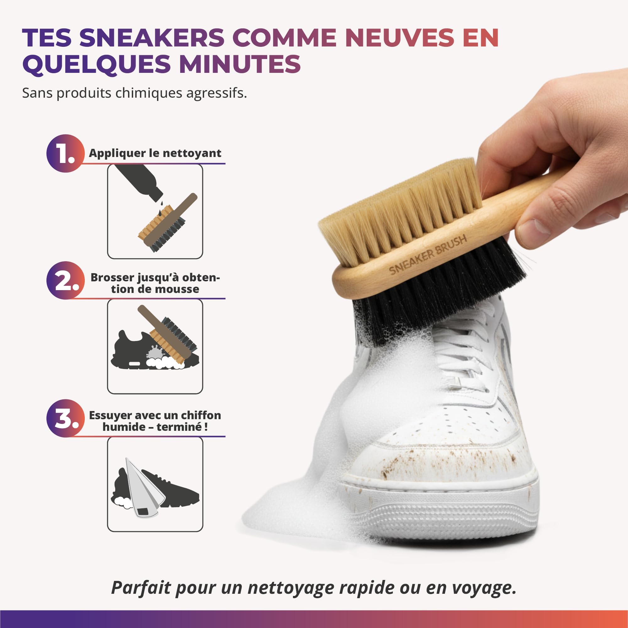Kit Premium Nettoyage Sneakers 3 pièces | Avec brosse en bois et chiffon microfibre. Pour baskets, daim, nubuck et mesh. Nettoyage efficace et soin tout en douceur.