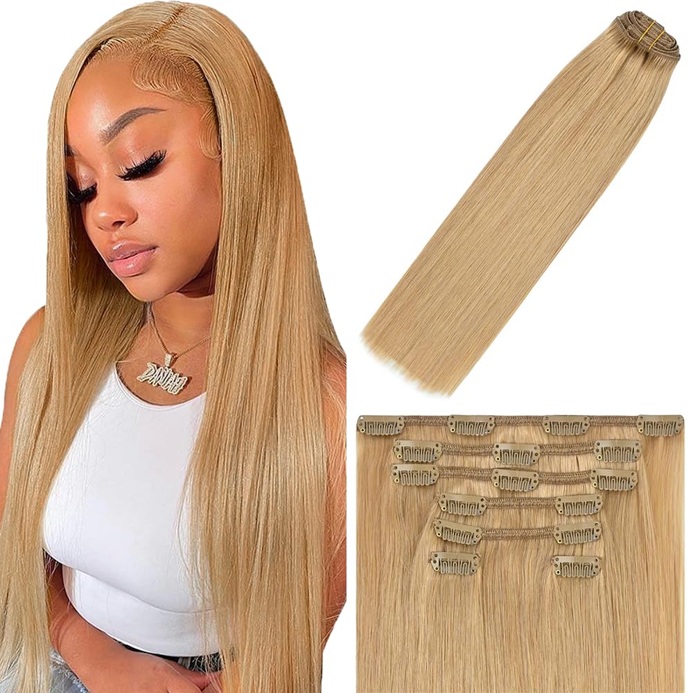 Photo 1 of 20 Inch Honey Blonde Clip in Hair Extensions,Soft Real Human Hair 120g 7pcs,Brazilian Remy Clip ins,Color 27 Straight Clip ins Silky Hair Extensions