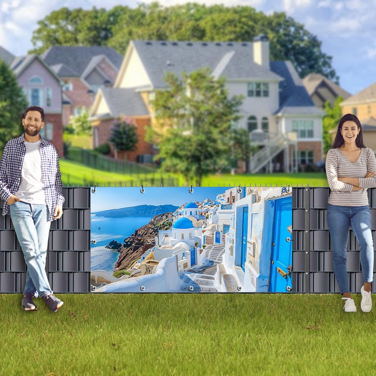 TRIOSK Sichtschutz Balkon Deko Plane Balkonblende Blickdicht mit Motiv Küstenweg Santorini Griechenland für Garten Terrasse Gartenzaun Balkonverkleidung Blickschutz PVC groß 200x100 cm