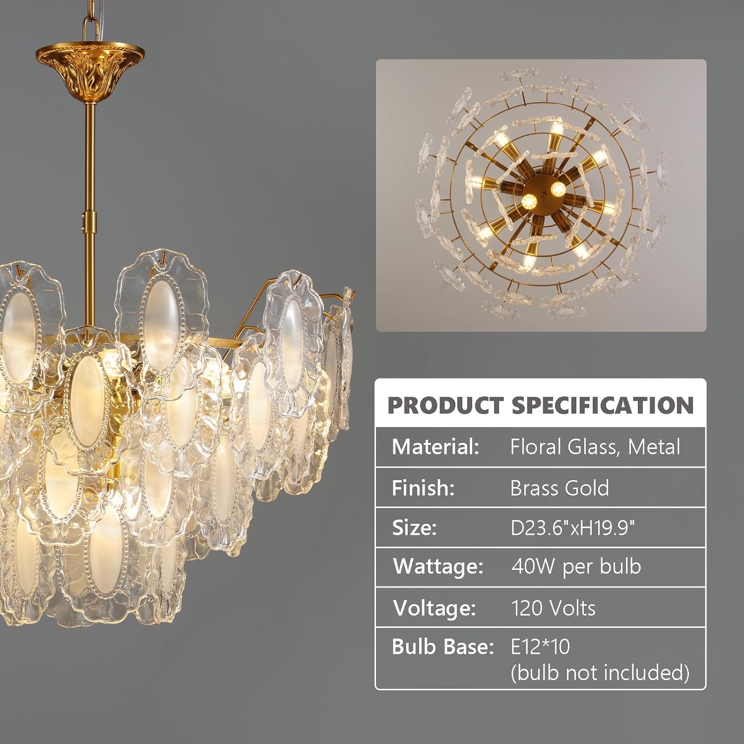 Gold Crystal Chandelier,24-inch Glass Kitchen Island Lights,10 Lights Dining Room Hanging Pendant Light Fixture for Living Room, Bedroom,Foyer, Bathroom,Entryway, Brass Finish, D23.62 xH19.68